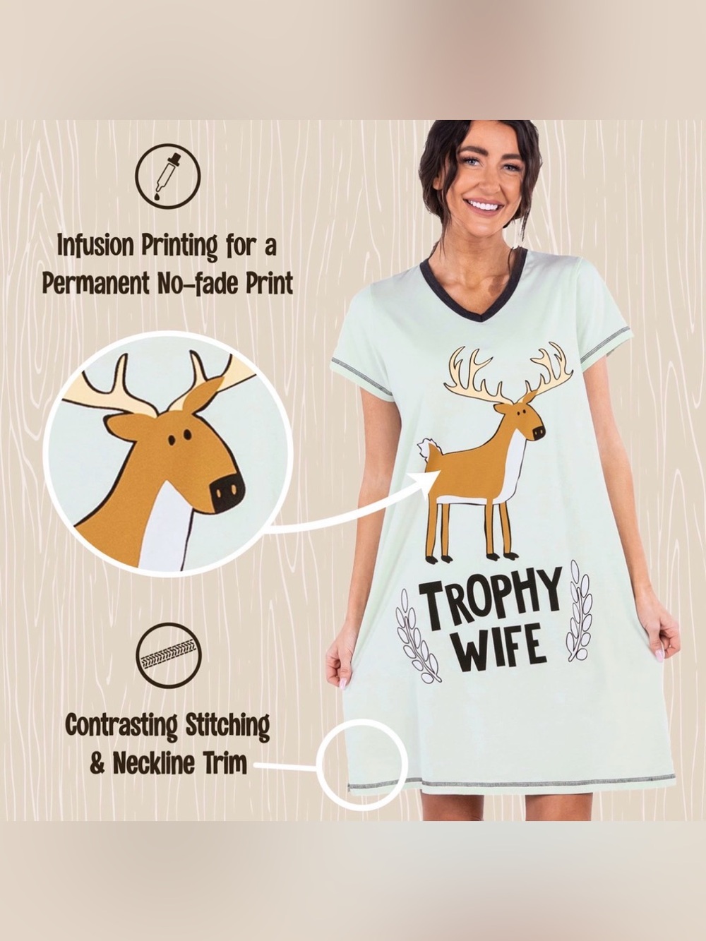 Lazy One Sleep Shirt Size L XL Trophy Wife V-neck Tee Cotton Nightgown - Picture 5 of 5